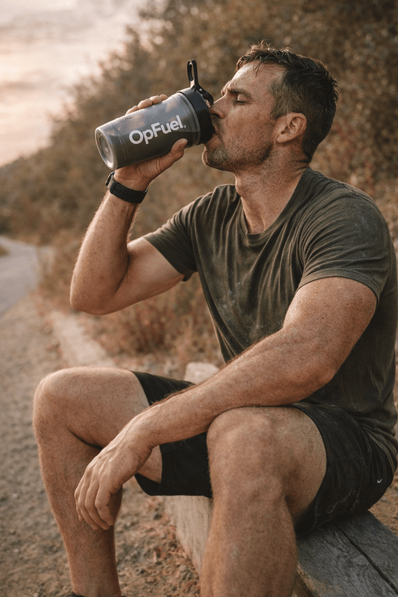 Operator drinking from a shaker outdoors