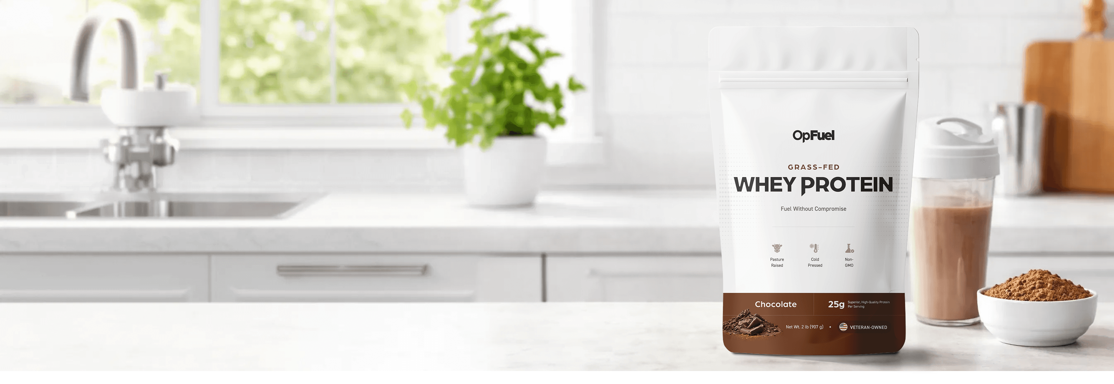 OpFuel protein products in a clean kitchen setting